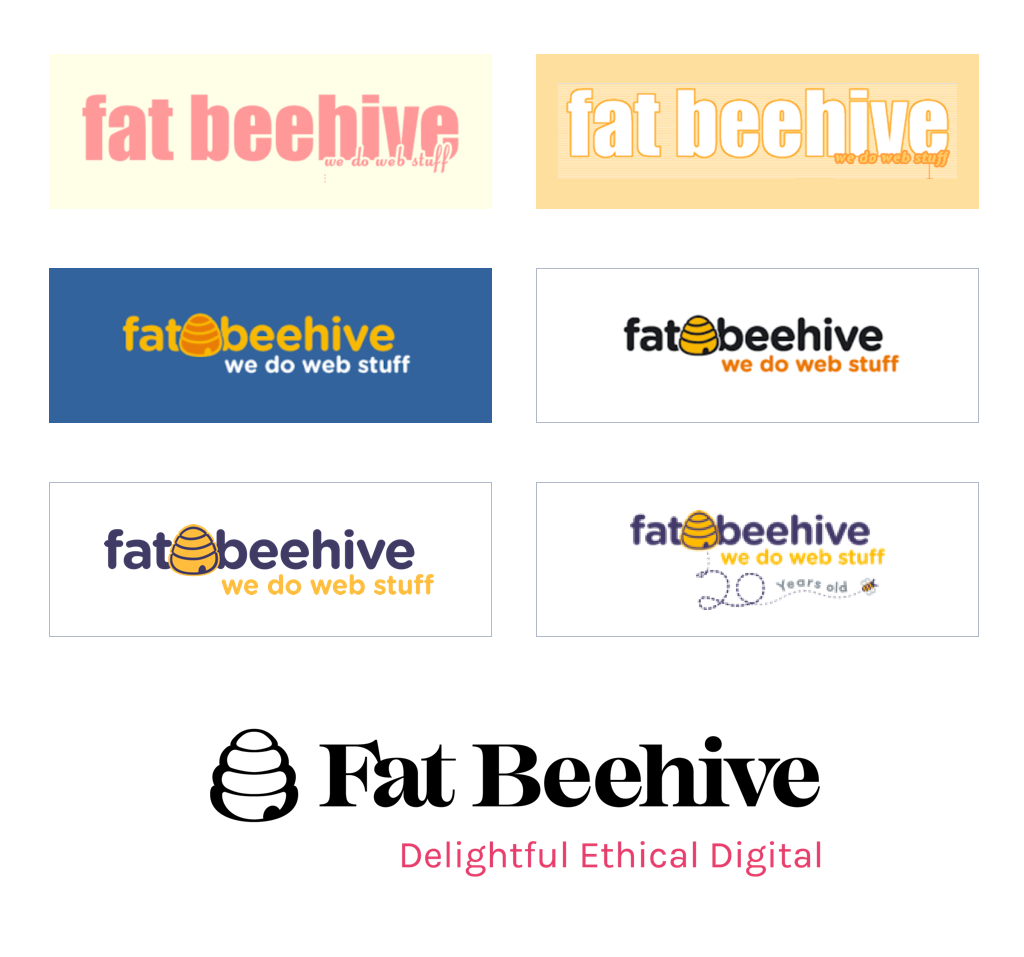 The evolution of the Fat Beehive logo, since 1997
