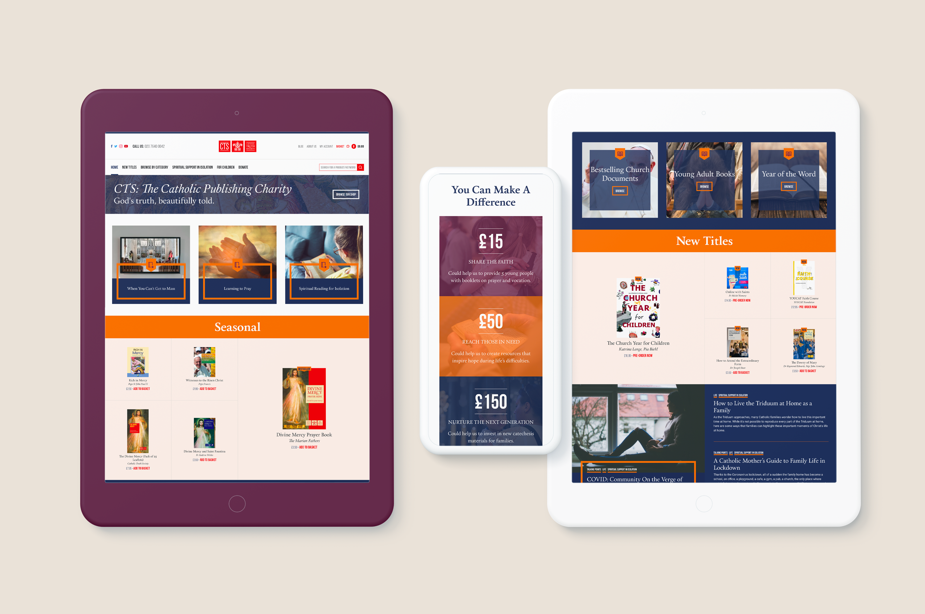 Tablets and a phone showing the design of pages from the CTS website