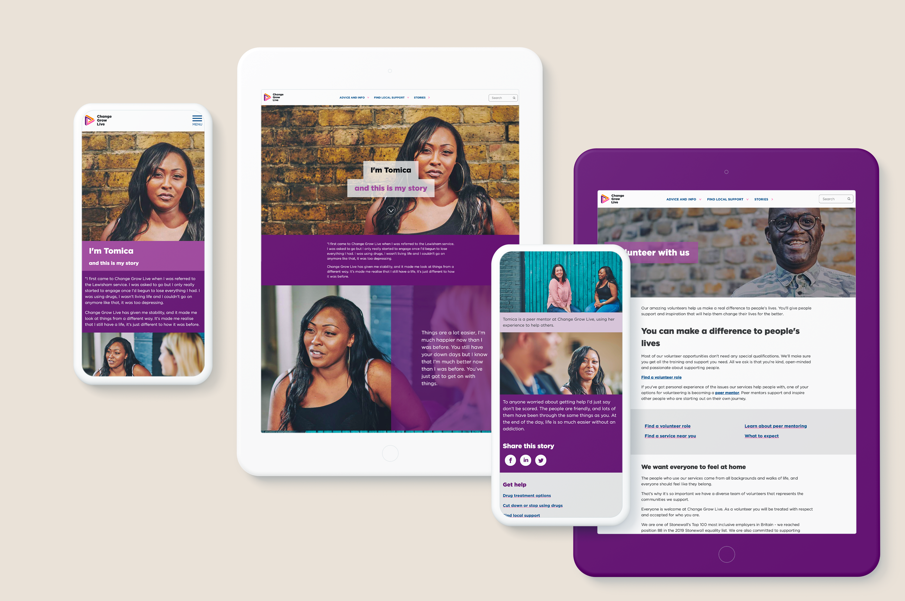 Two pages from the Change Grow Live website shown on tablets