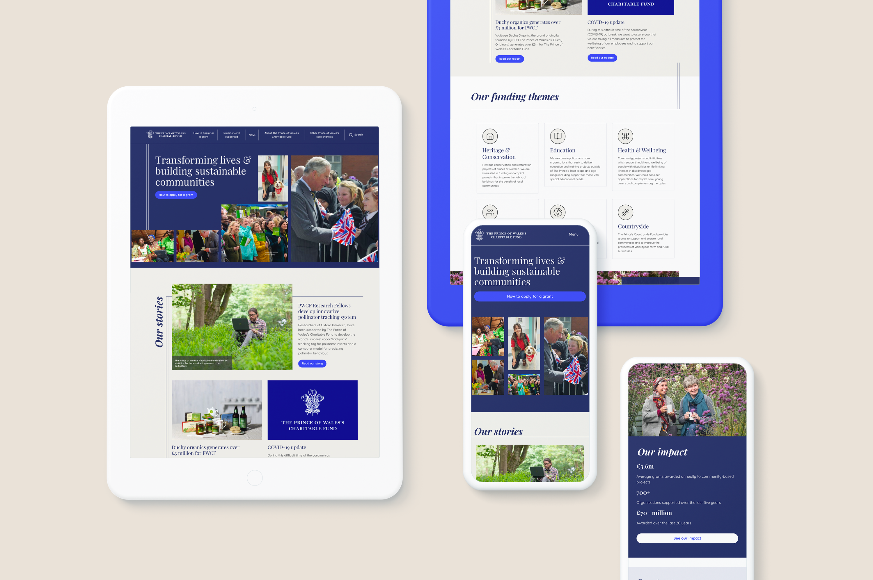 Two mobile phones and a tablet show the PWCF website design