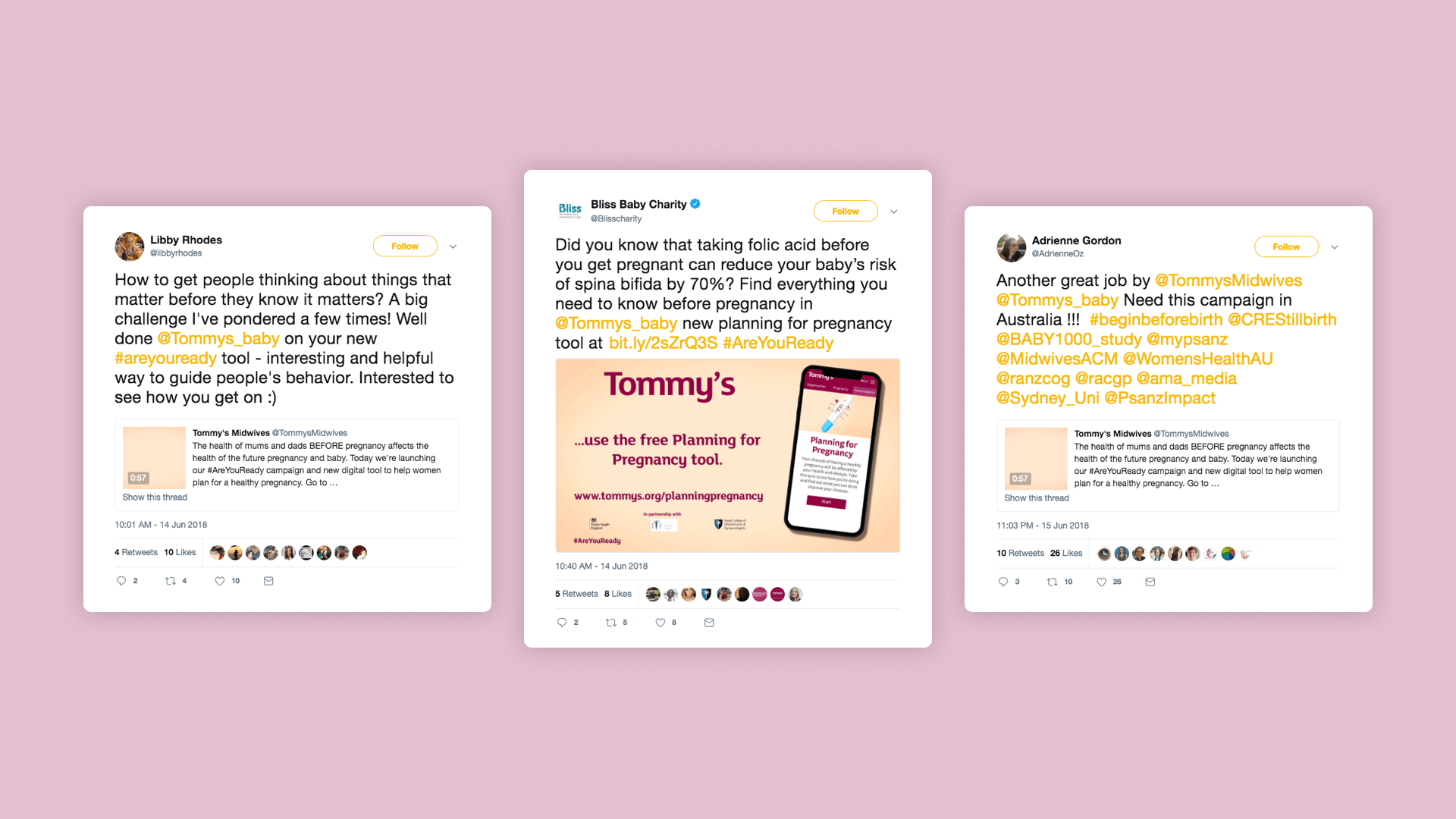 Website design of twitter tweet for charity company Tommy's