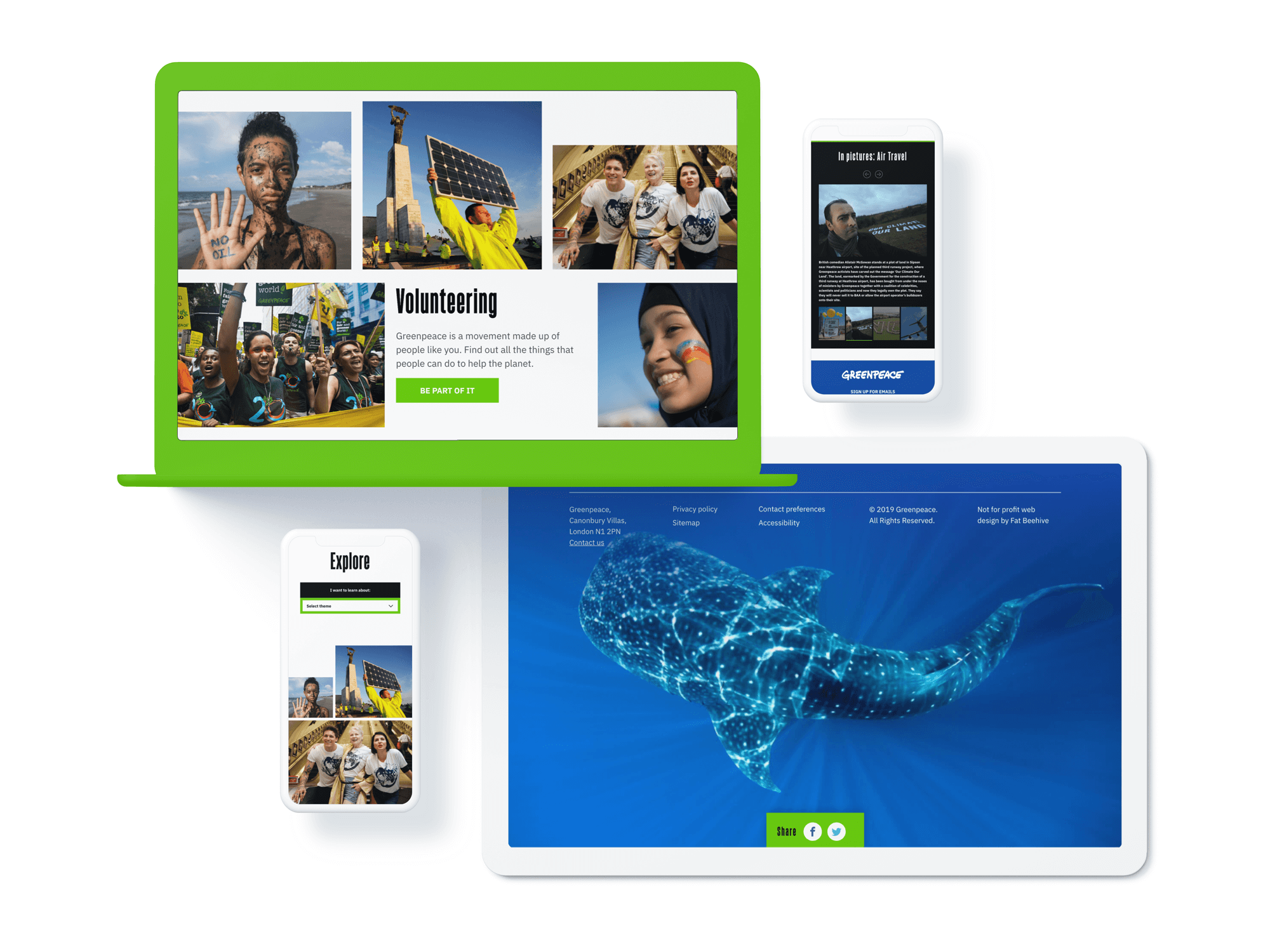 The 2019 Greenpeace UK website shown on different devices