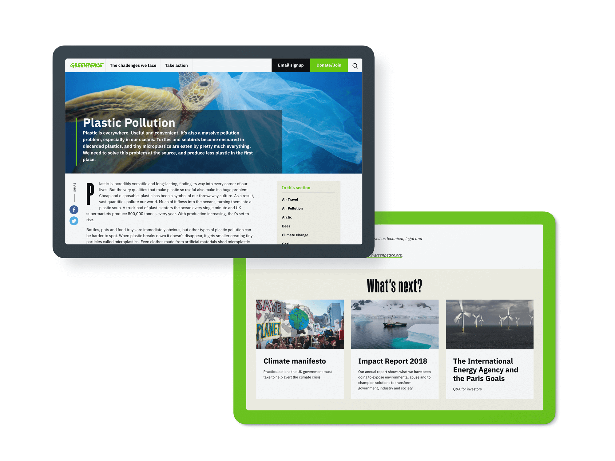 Different page designs for the new Greenpeace UK website