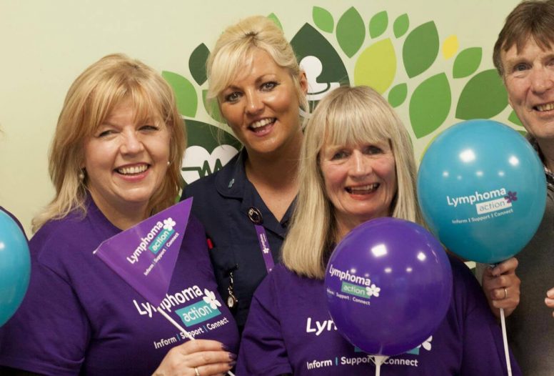 Group of people holding balloons in support of Lymphoma action