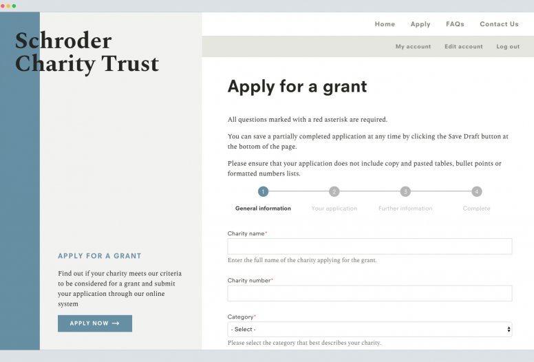 Schroder Charity Trust application design page