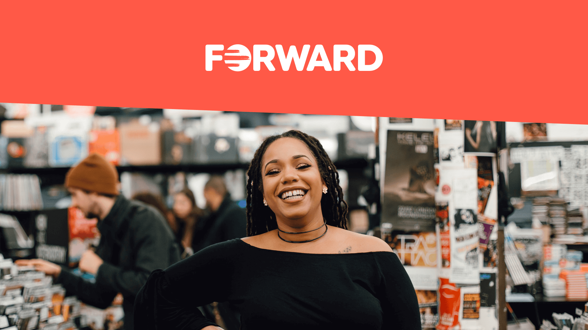 Woman smiling at the camera alongside new FORWARD logo