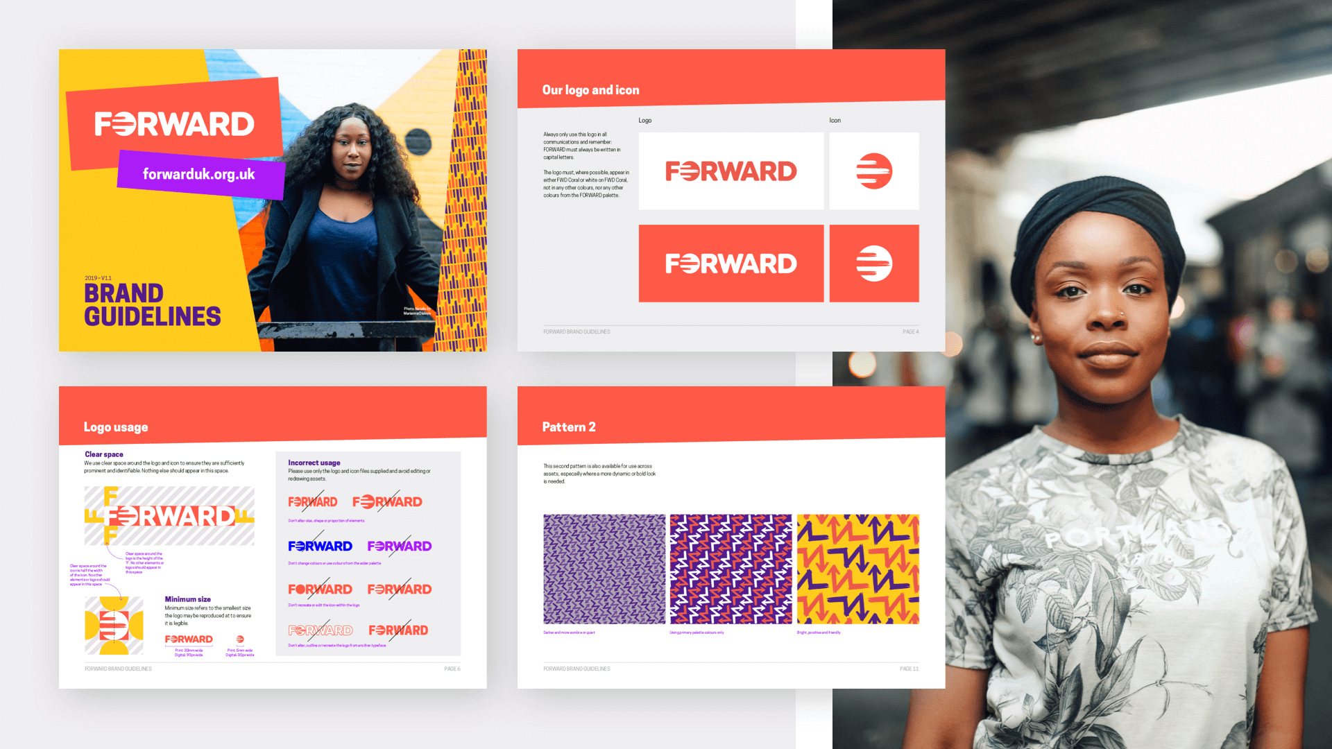 FORWARD new brand guidelines showcasing logos and patterns