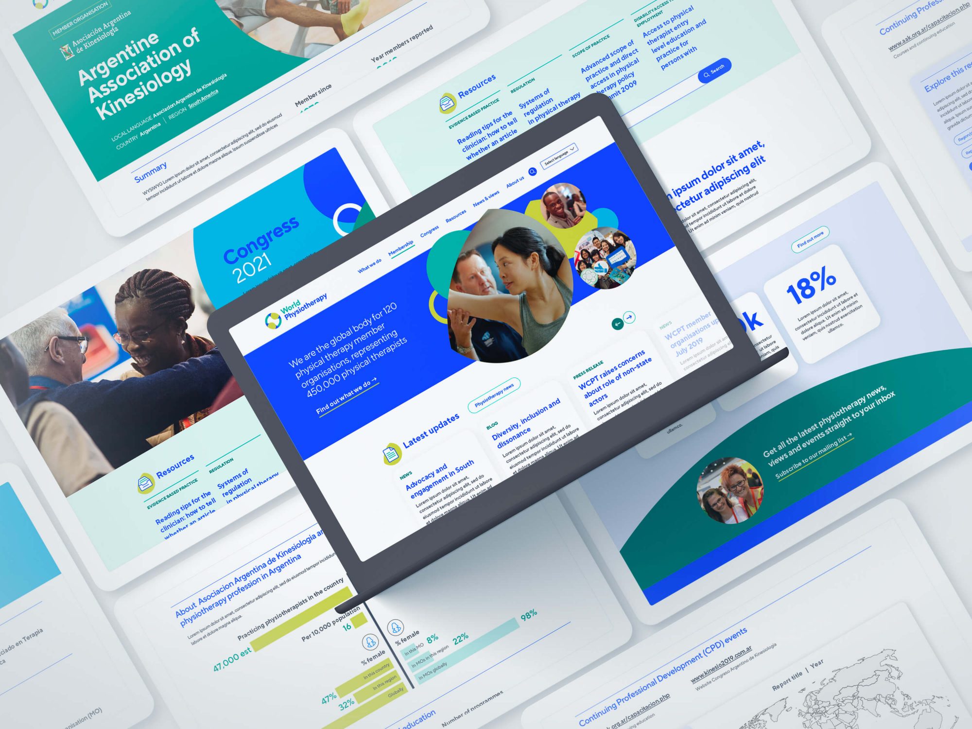 Designs of pages on the World Physiotherapy website