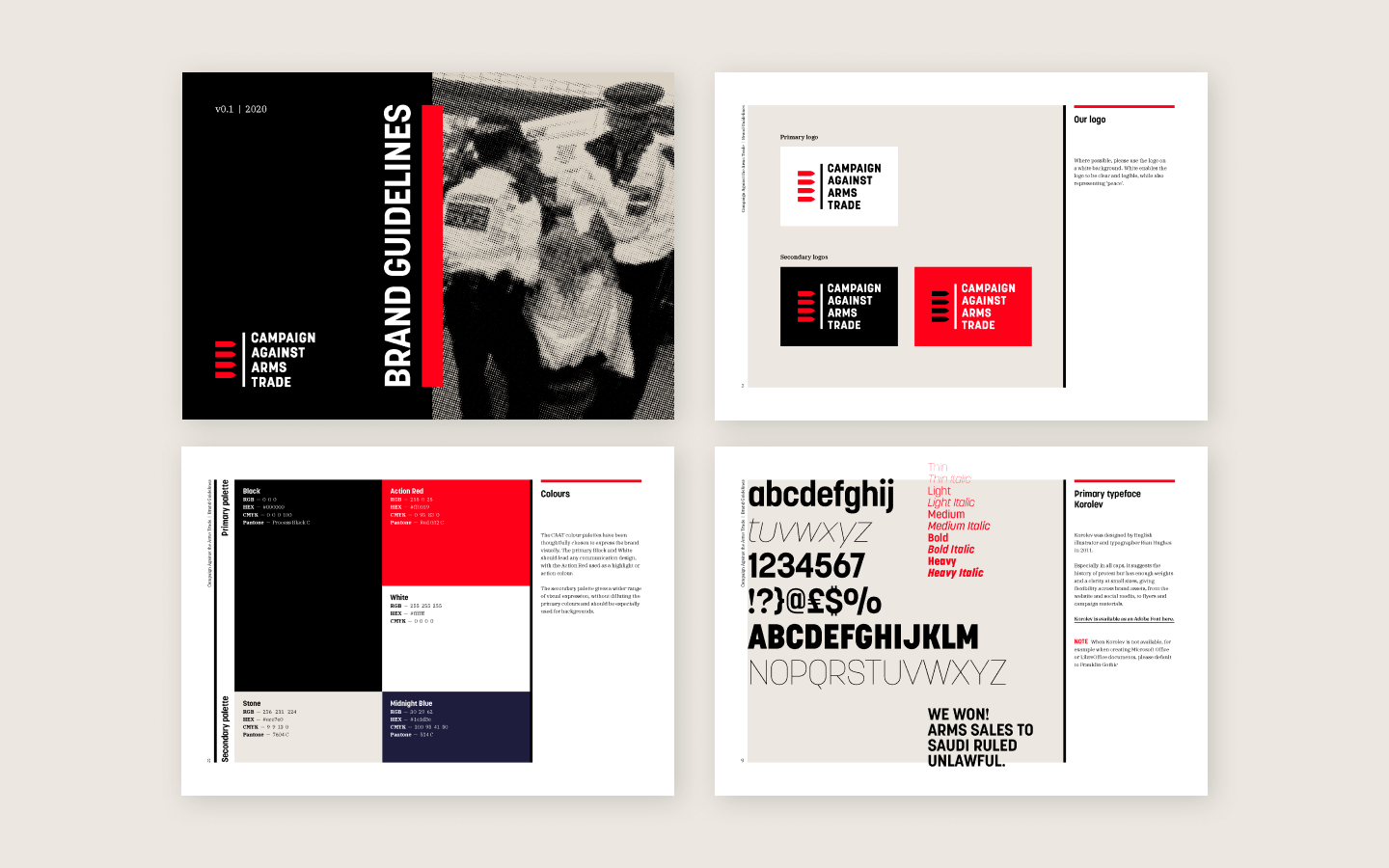 Pages from the Campaign Against Arms Trade brand guidelines