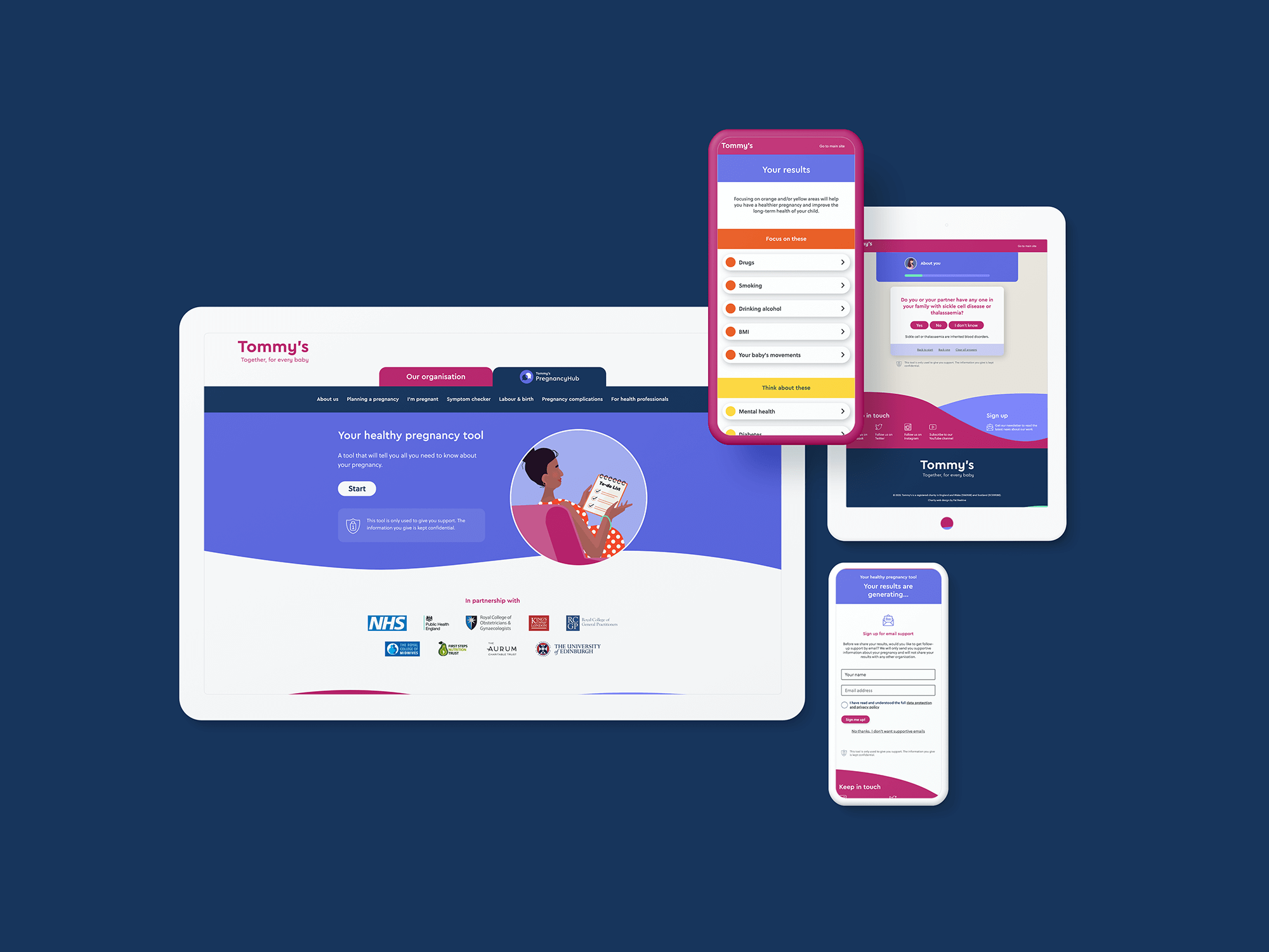 Tommy's safer pregnancy web app shown on various devices