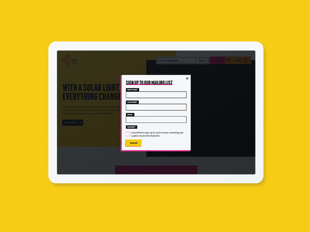Newsletter sign up design for SolarAid website
