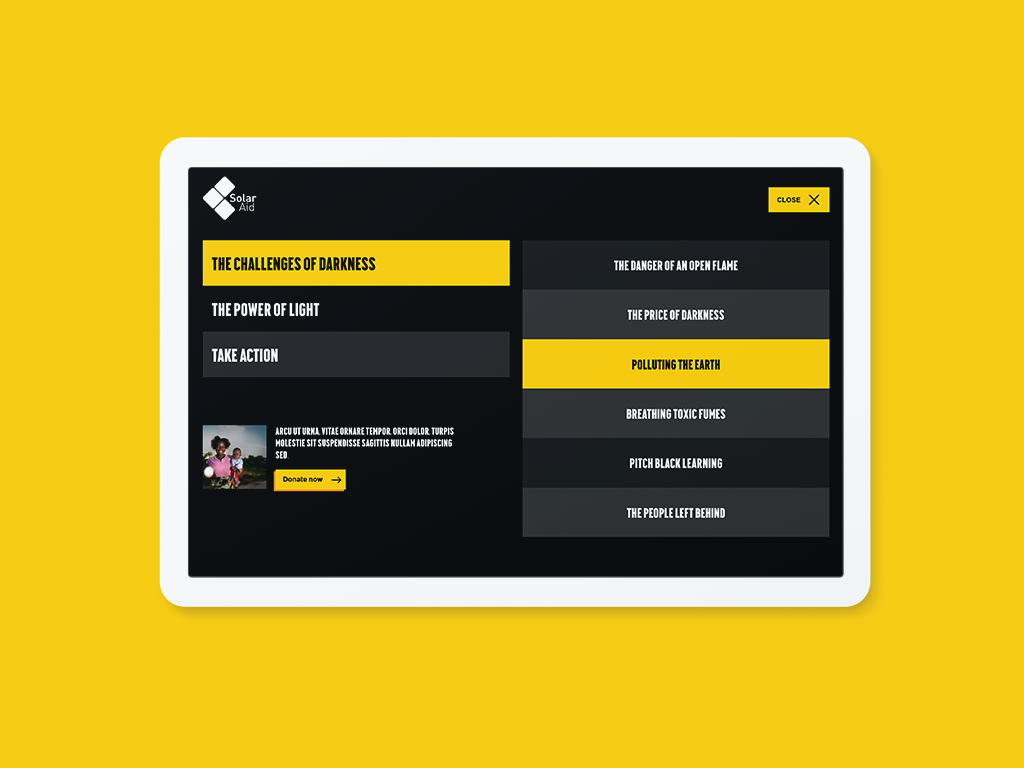 Desktop menu design for SolarAid website