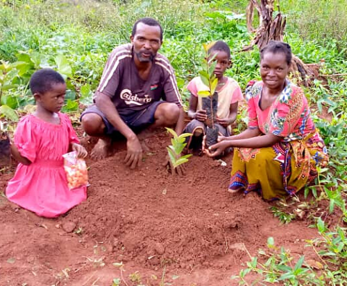 Goufrey planting trees with his family