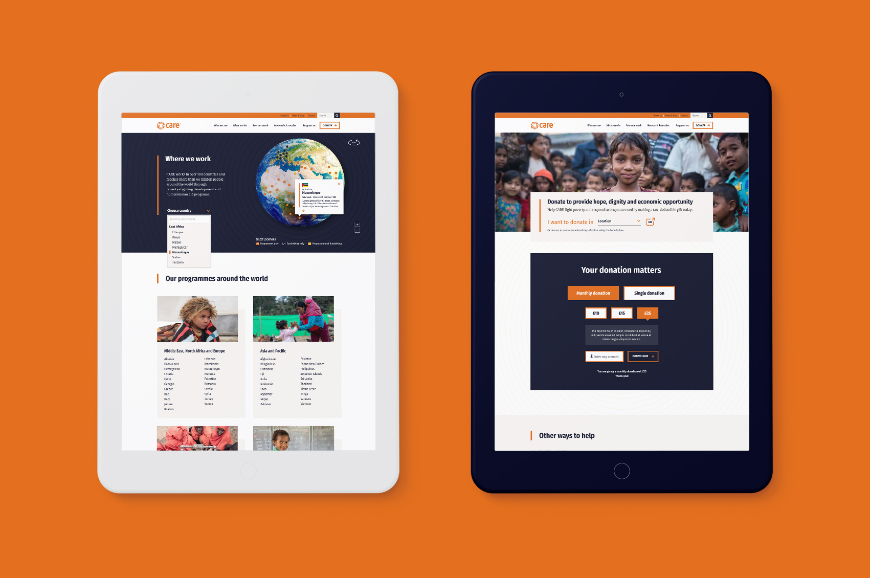 New CARE International 'where we work' and donation landing pages
