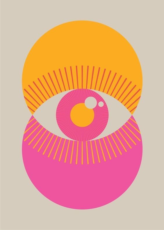 A mood board image which depicts an eye, using two vibrant yellow and pink circles on top of one another
