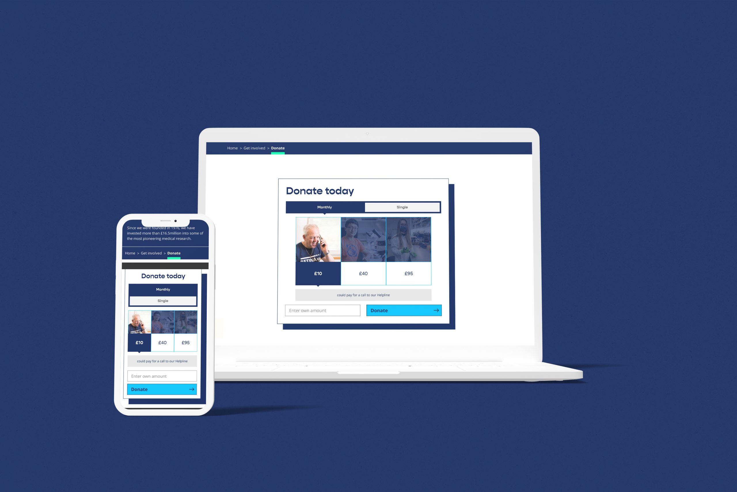 An image of the new donation page for Retina UK's website, displayed on mobile and desktop devices, on a dark blue background