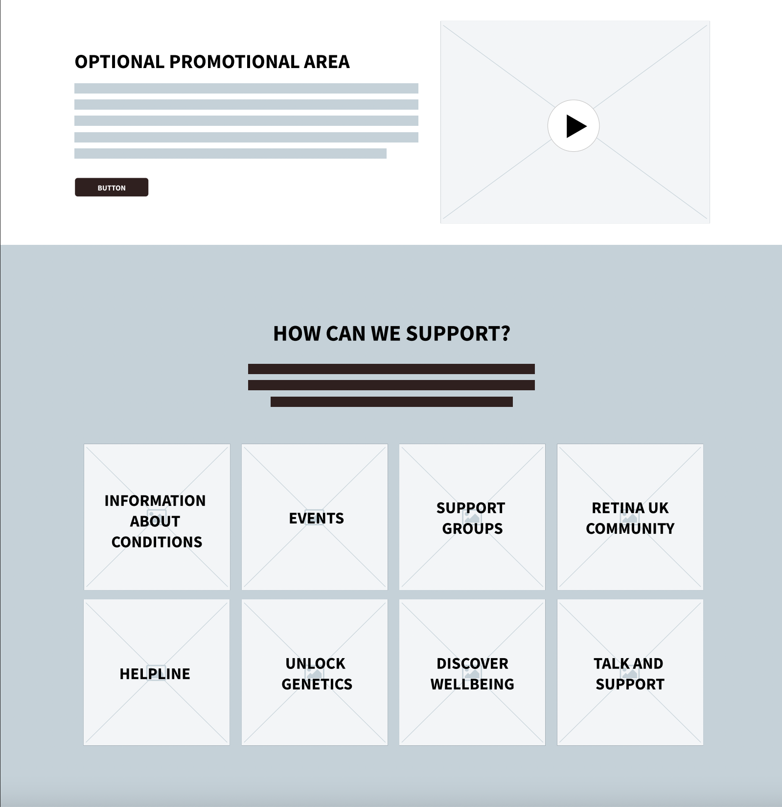 An image of wireframes for the site, including an optional promotional area and "How can we support?" gallery tabs