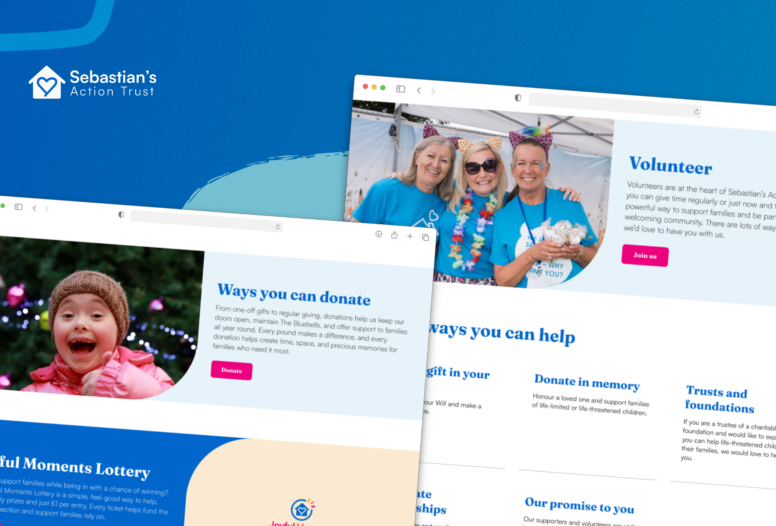 Charity website design for Sebastian’s Action Trust showing clear donation, volunteering and supporter journeys