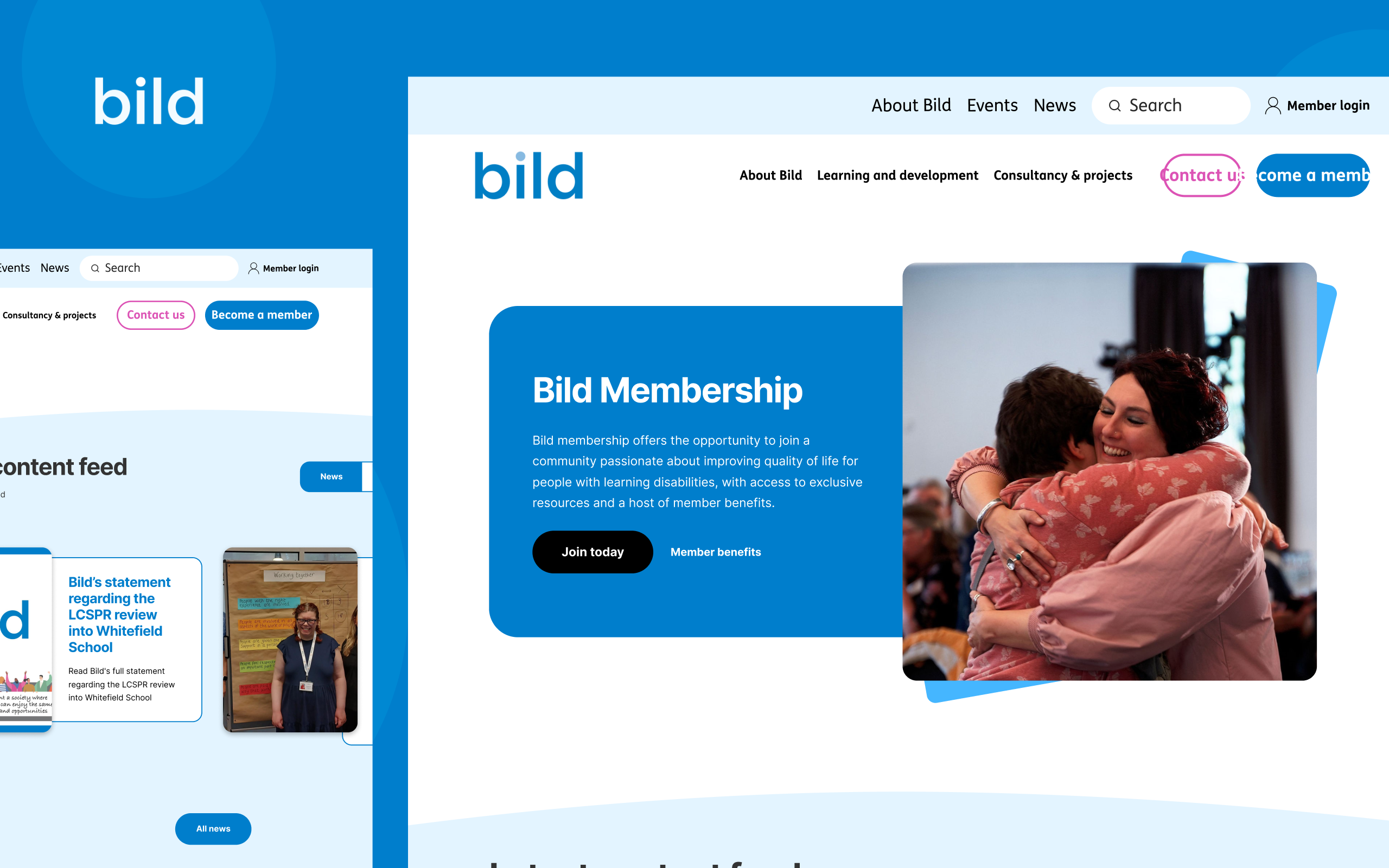 A screenshot of the BILD (British Institute of Learning Disabilities) website homepage, showing navigation menus, a membership promotion section with a blue card, and a photo of two people hugging warmly.