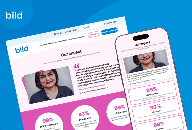 A responsive website design mockup for Bild, showing desktop and mobile views of the 'Our Impact' page featuring testimonials, statistics, and a portrait of Seema, a parent-carer and peer educator.