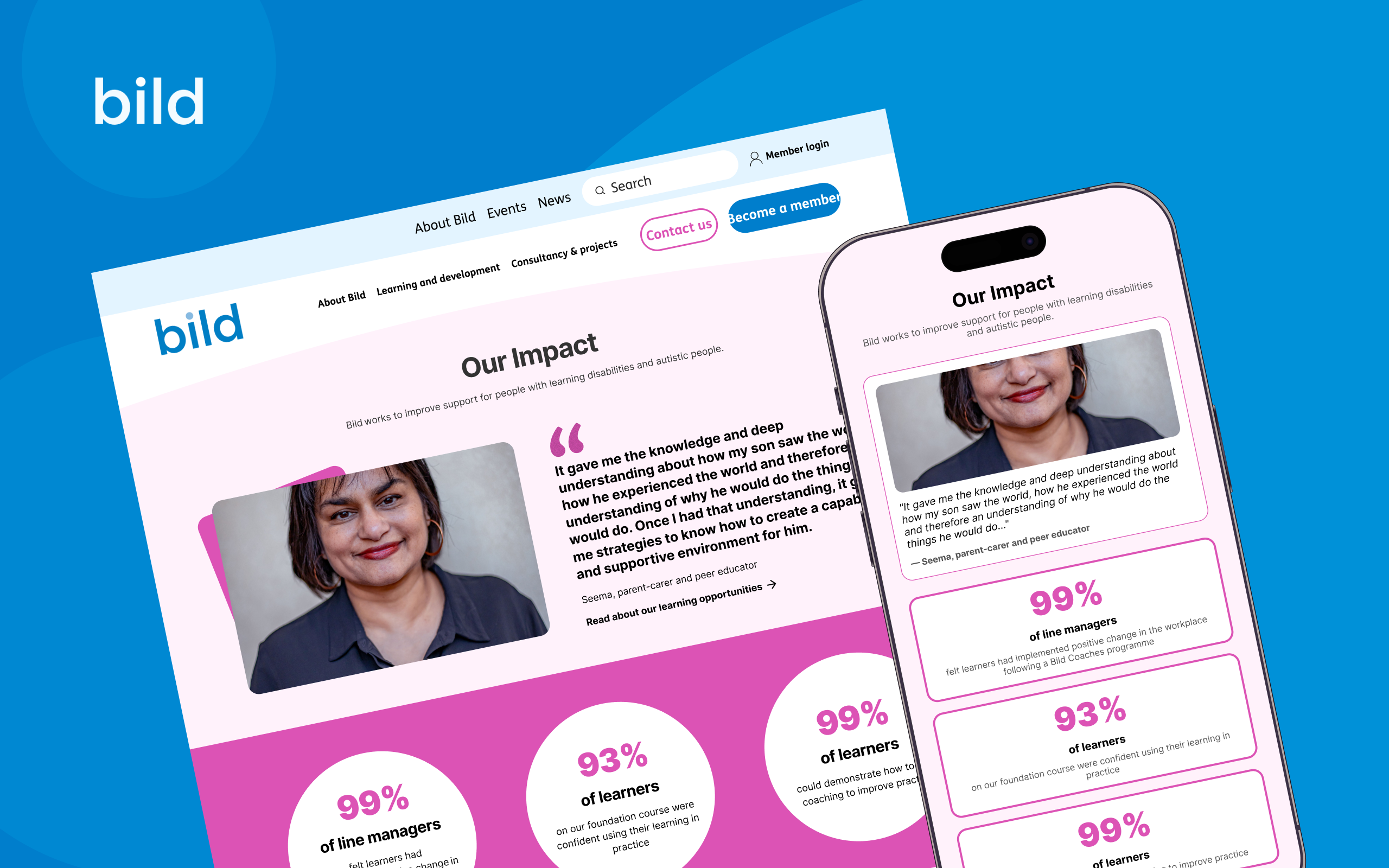 A responsive website design mockup for Bild, showing desktop and mobile views of the 'Our Impact' page featuring testimonials, statistics, and a portrait of Seema, a parent-carer and peer educator.
