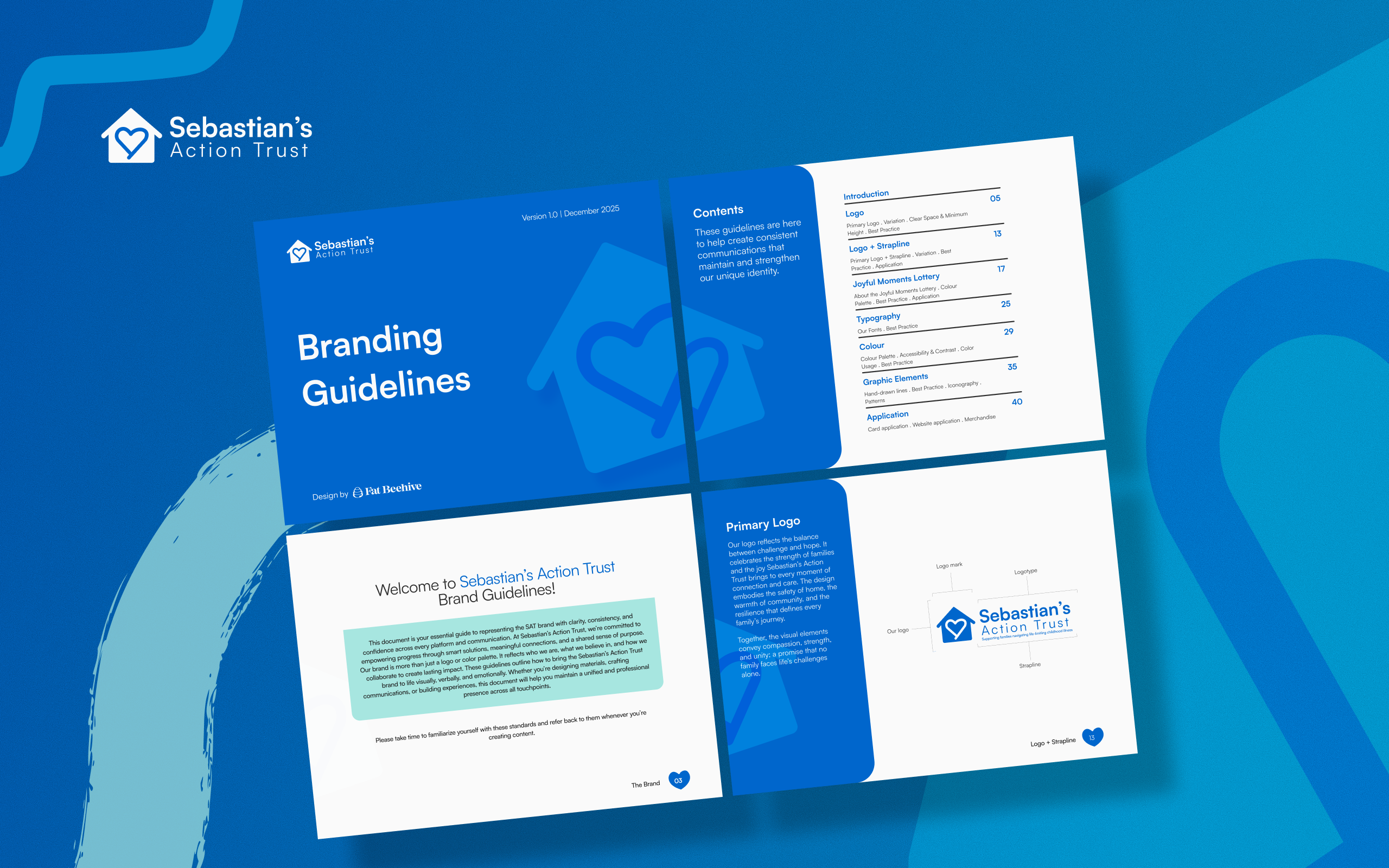 A professional branding guidelines document for Sebastian's Action Trust charity, displayed across multiple pages showing the logo, contents, typography, colour palette, and brand application rules, designed by Fat Beehive.
