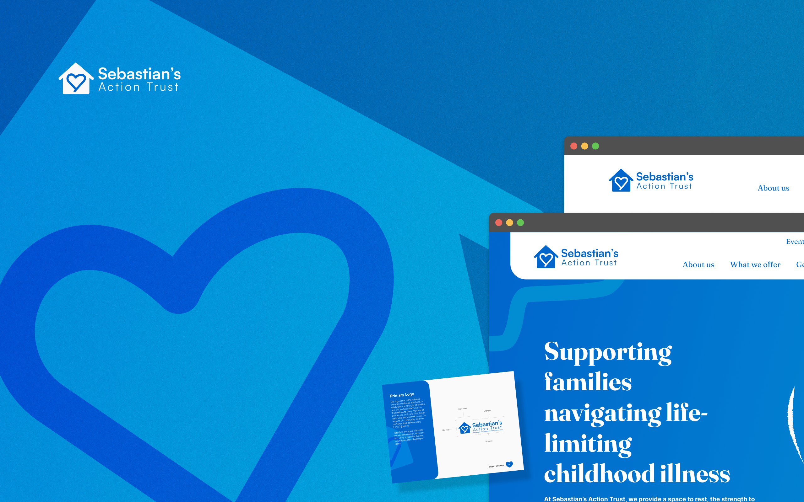 A brand identity showcase for Sebastian's Action Trust, a children's charity, featuring their blue logo, website mockups, and the tagline 'Supporting families navigating life-limiting childhood illness'.