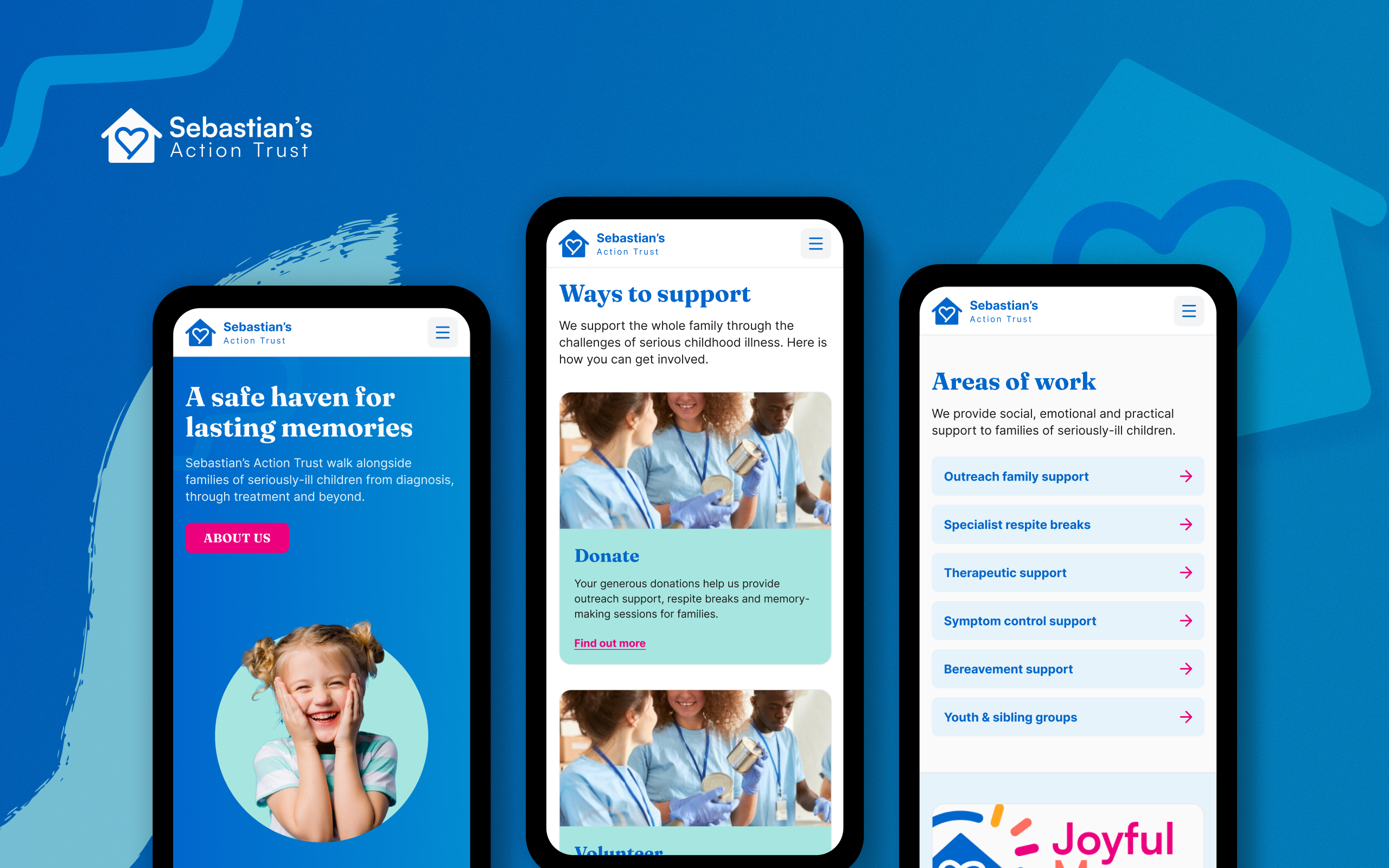 Three mobile phone screens displaying the Sebastian's Action Trust charity website, showing pages for a homepage hero section, ways to support with donation options, and areas of work including outreach family support and therapeutic services, all on a blue branded background.