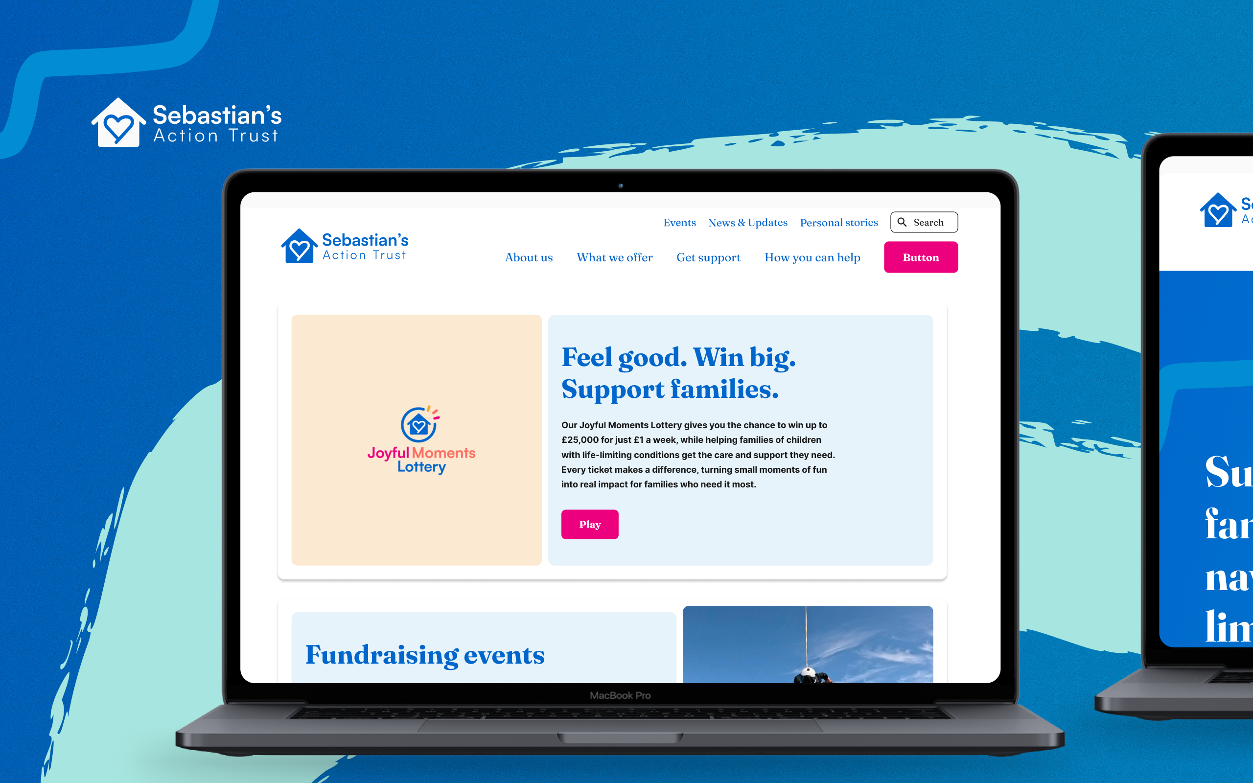 A MacBook Pro displaying the Sebastian's Action Trust charity website redesign, featuring the Joyful Moments Lottery section with a 'Feel good. Win big. Support families.' headline, alongside a partially visible tablet showing the same site on a blue branded background.
