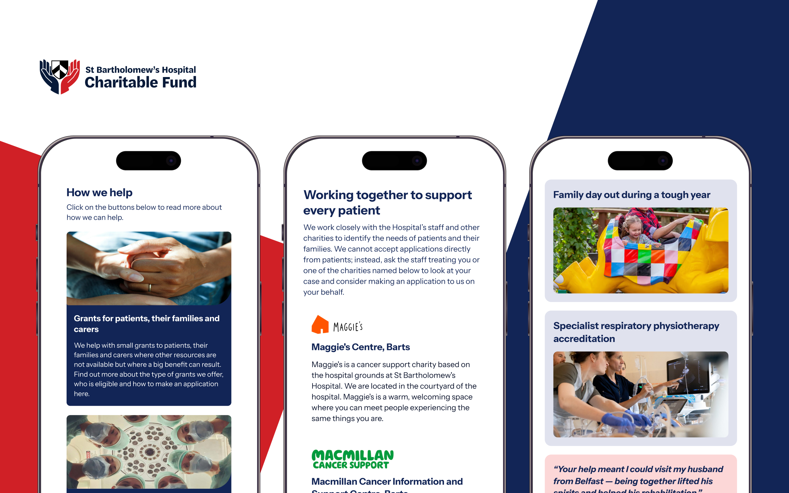 Three smartphone screens displaying the St Bartholomew's Hospital Charitable Fund website, showing sections on patient grants, partner charities including Maggie's and Macmillan Cancer Support, and patient success stories.
