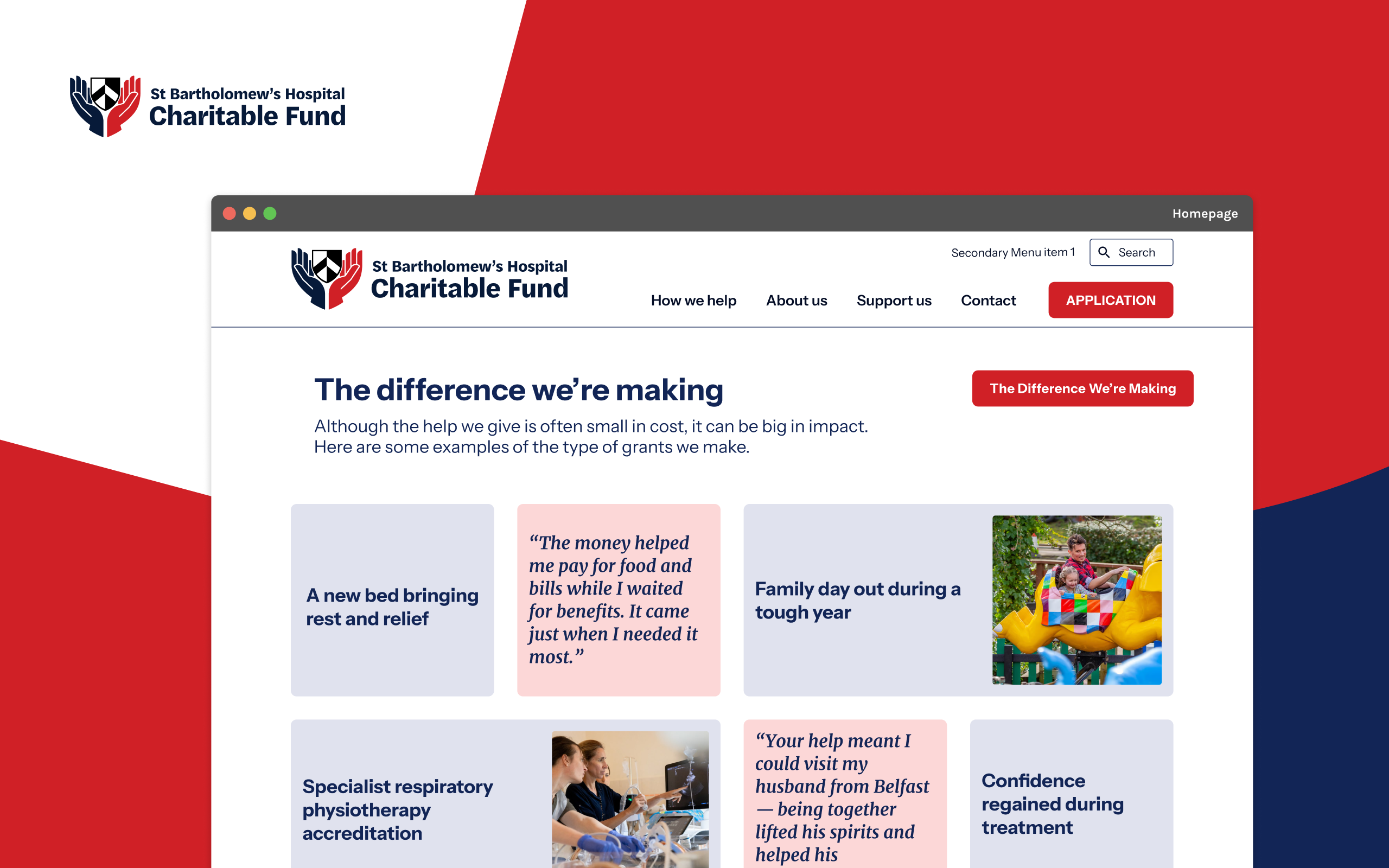 A website mockup for St Bartholomew's Hospital Charitable Fund, showcasing a homepage section titled 'The difference we're making' with grant examples including patient testimonials, family outings, and medical services.