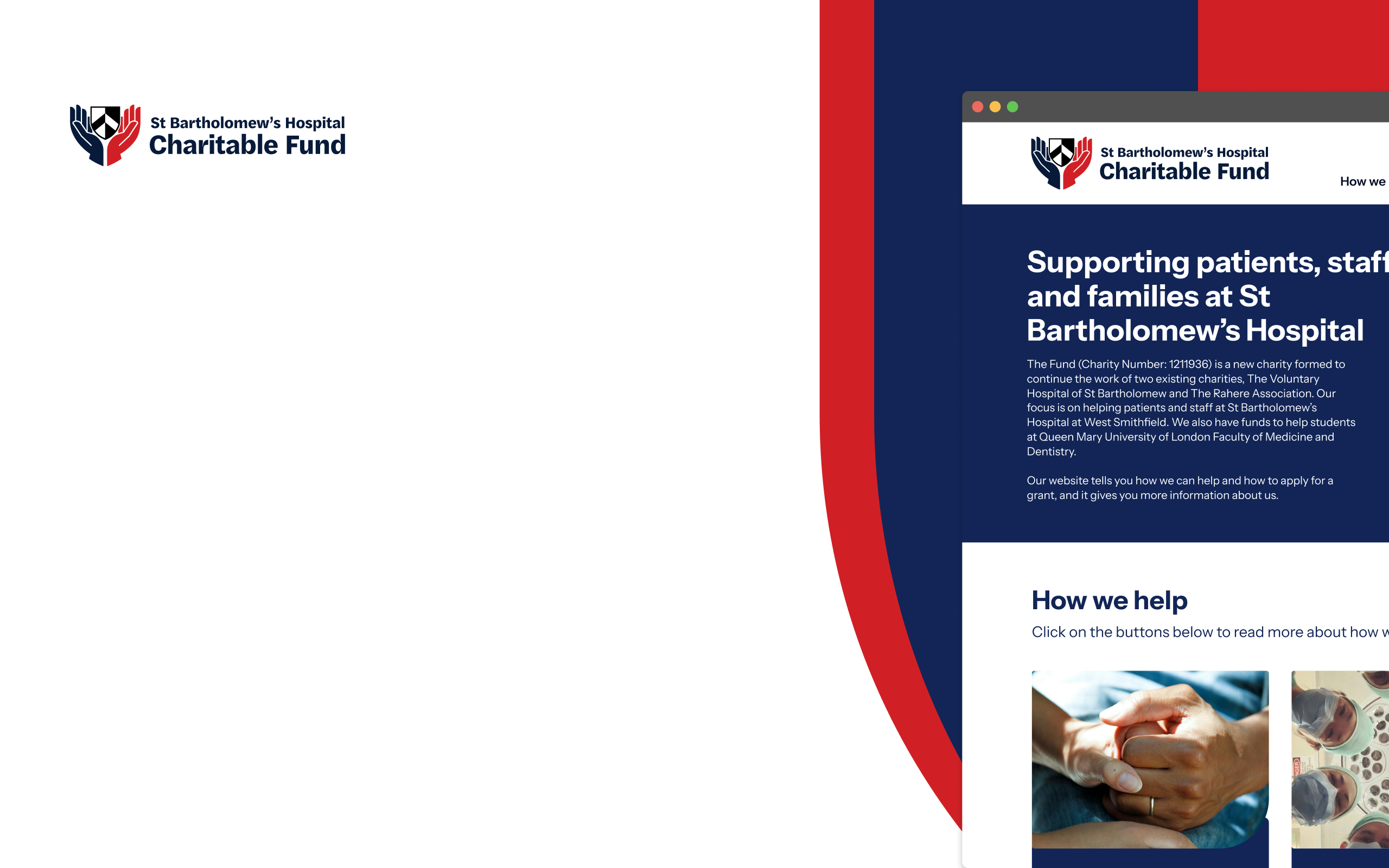 A branding and web design mockup for St Bartholomew's Hospital Charitable Fund, featuring their navy blue and red logo alongside a screenshot of their website homepage with the headline 'Supporting patients, staff and families at St Bartholomew's Hospital'.