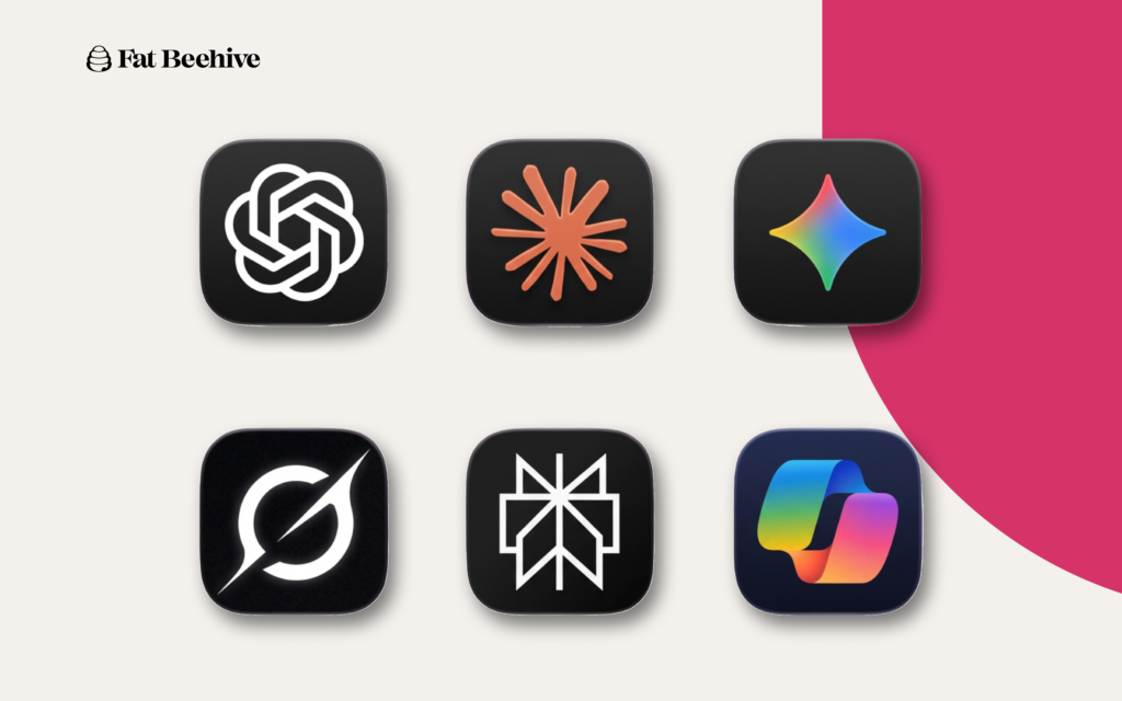 Logos of various tools we use when working with organisations to help them navigate search, AI and charity websites