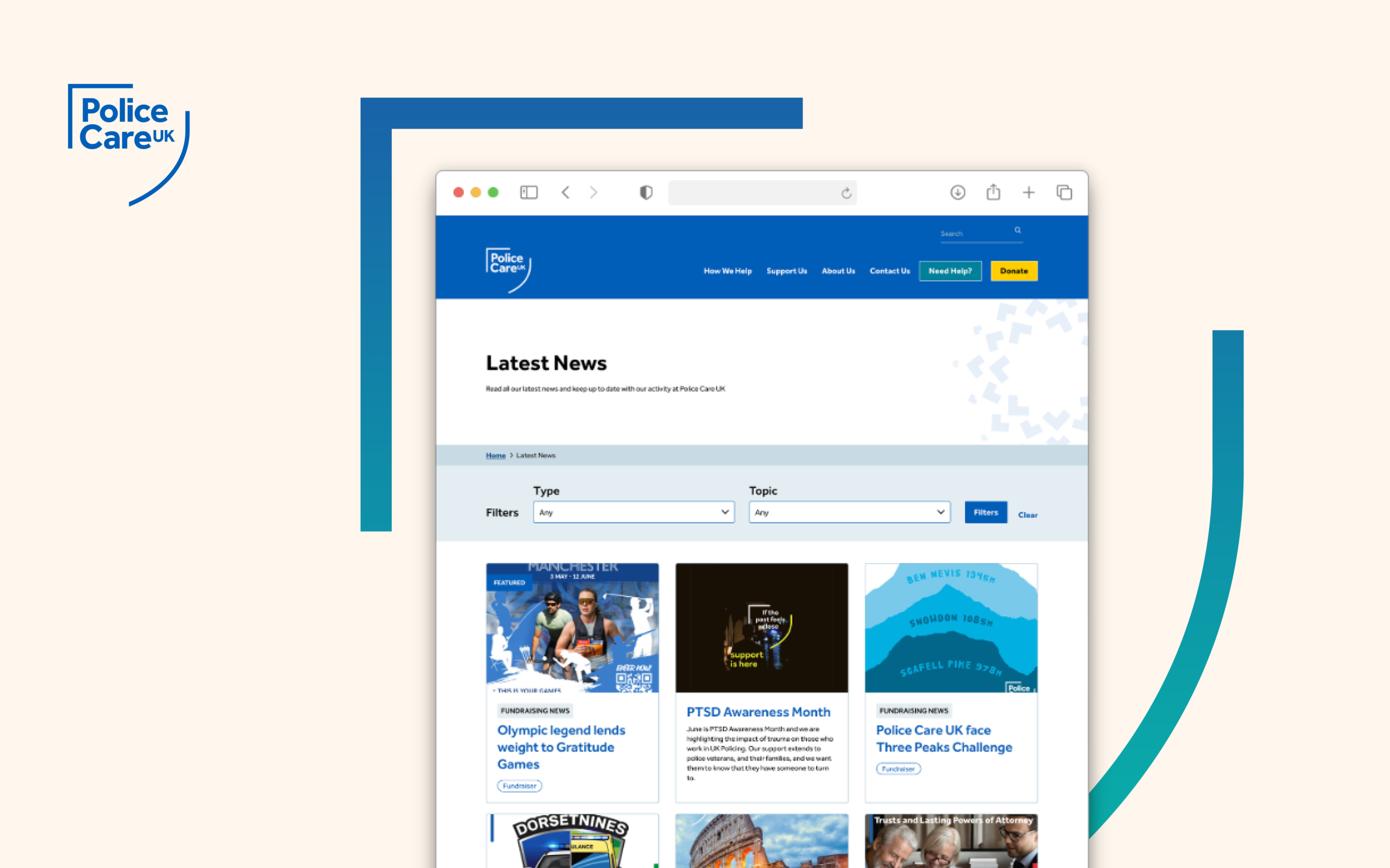 Police Care UK website showing Latest News page with filtering options and news articles about fundraising and PTSD awareness.