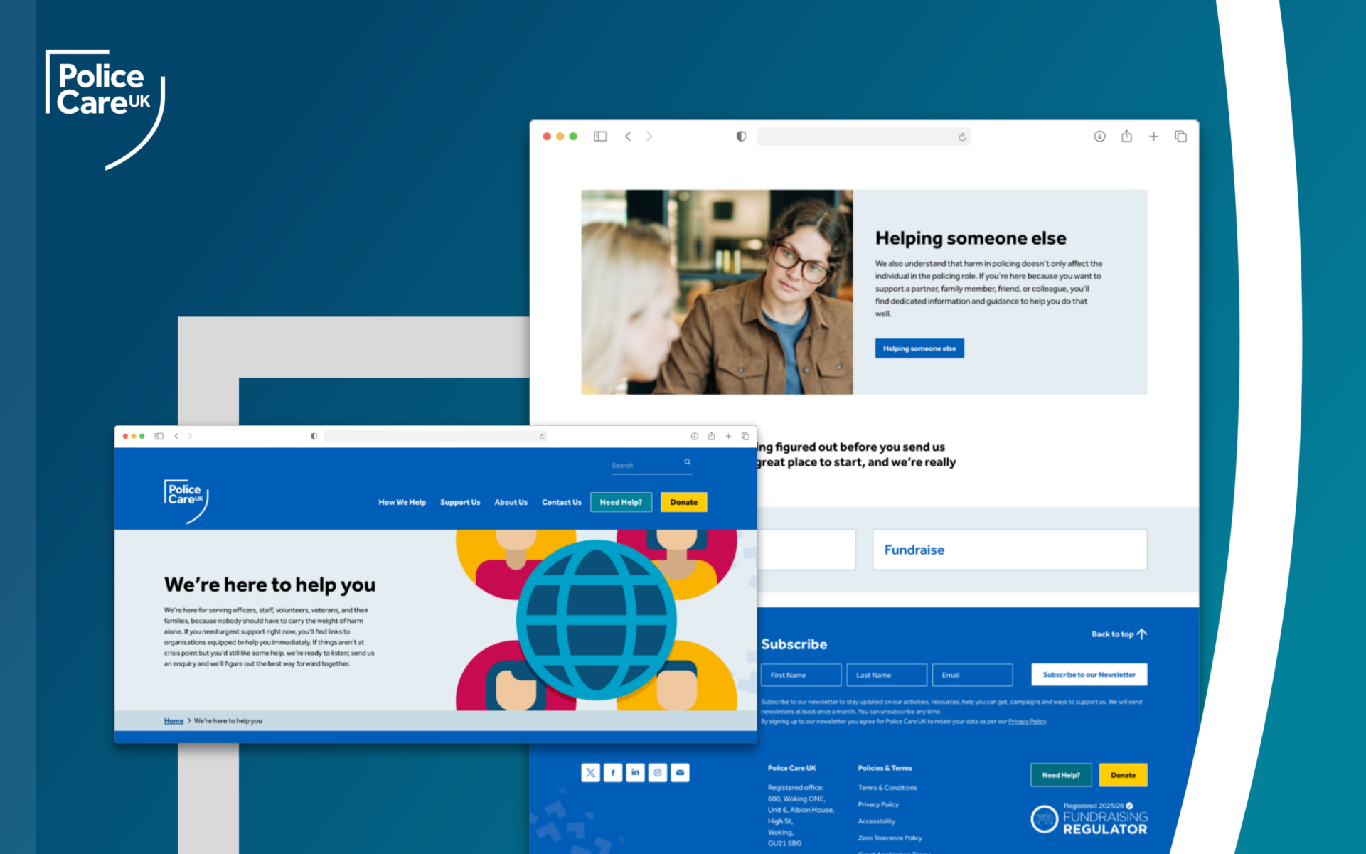 Screenshots of the Police Care UK website showing support pages, navigation, and newsletter subscription features.