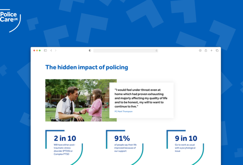 Police Care UK website showing mental health statistics and a police officer's quote about the hidden impact of policing on wellbeing.