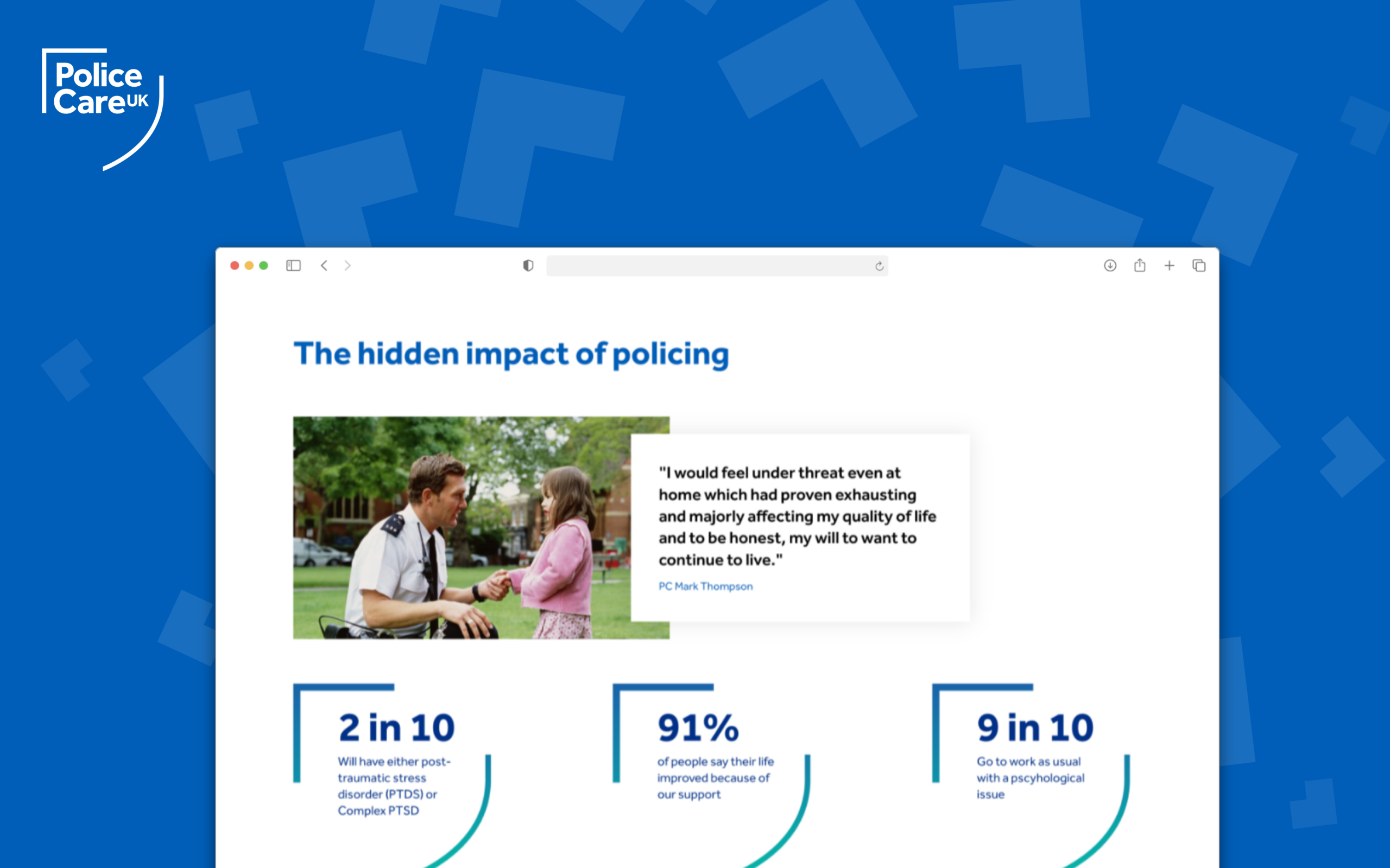 Police Care UK website showing mental health statistics and a police officer's quote about the hidden impact of policing on wellbeing.