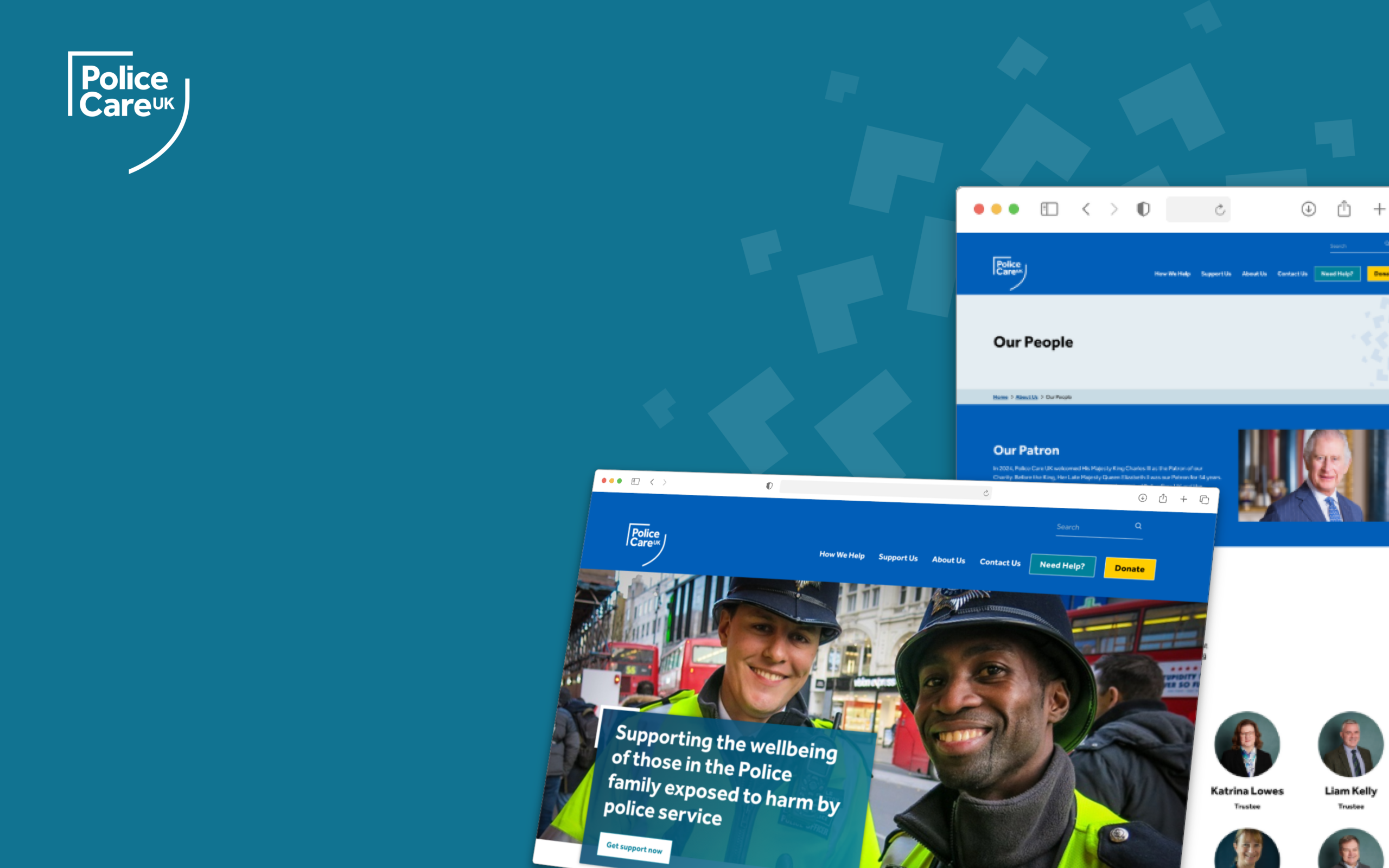 Police Care UK website mockups showing homepage with smiling officers and 'Our People' page featuring King Charles as patron.
