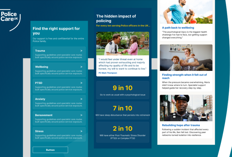A Police Care UK webpage displaying mental health support resources for police officers, including statistics showing 9 in 10 officers work with psychological issues, alongside personal testimonials and care categories like trauma, PTSD, and stress.
