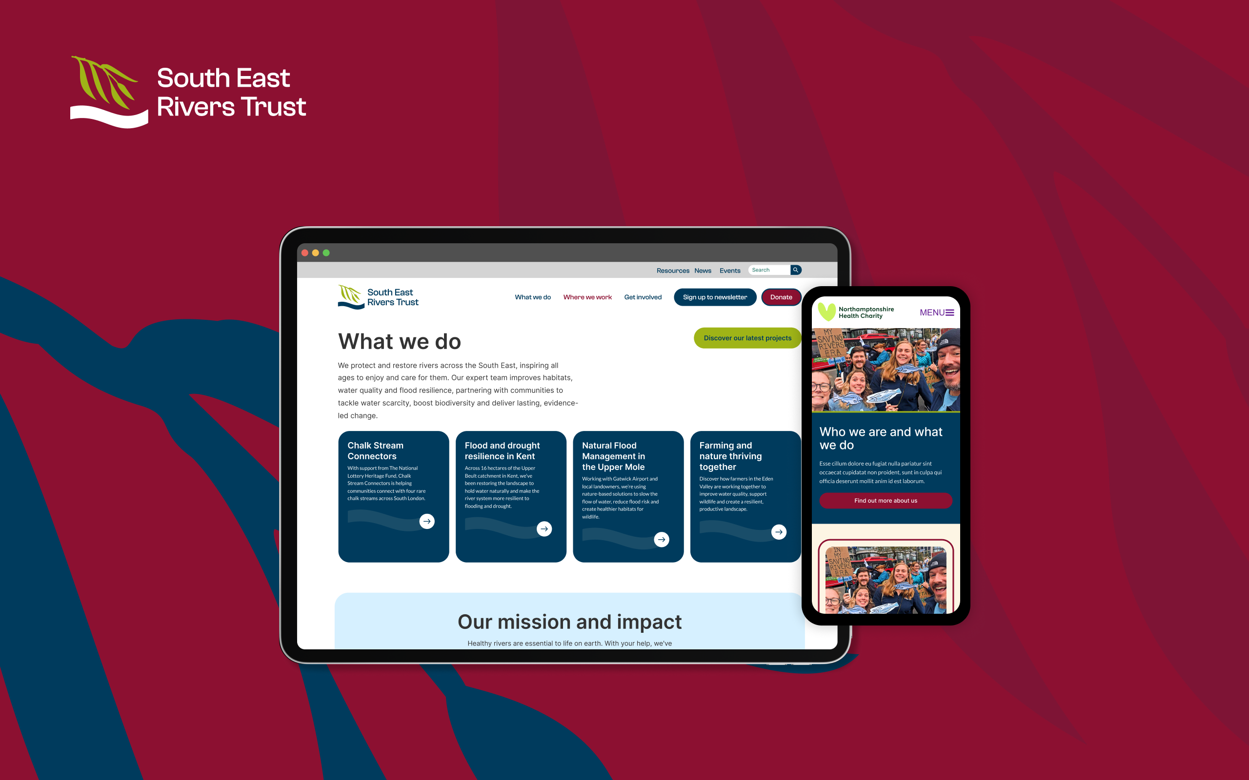South East Rivers Trust website showcasing its refreshed visual identity and river conservation work