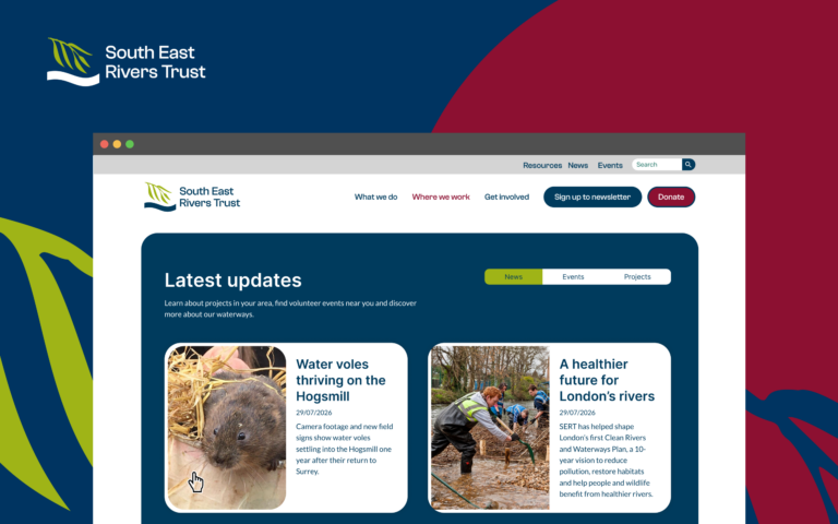 South East Rivers Trust website pages showing clear routes to projects, river information and ways to get involved