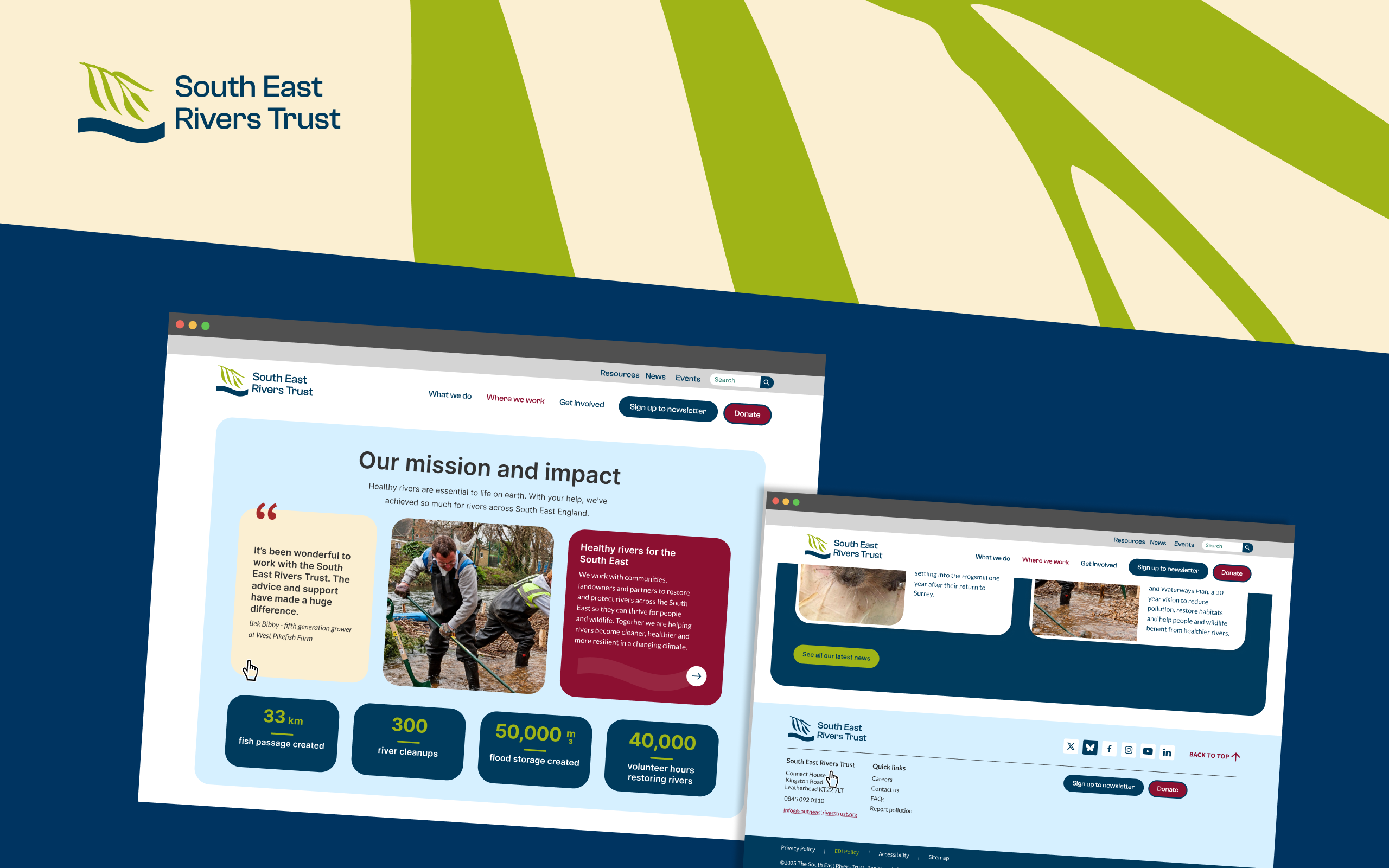 South East Rivers Trust website showing environmental content and calls to action for people to support its work