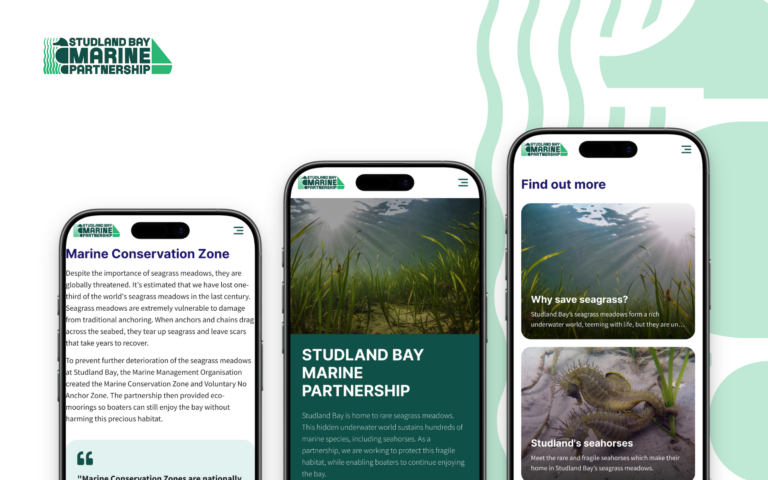 Three mobile screens showing the Studland Bay Marine Partnership charity website