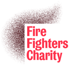 The Fire Fighters Charity logo featuring bold red text on a white background with a dark smoky particle cloud forming an F-shape behind it.
