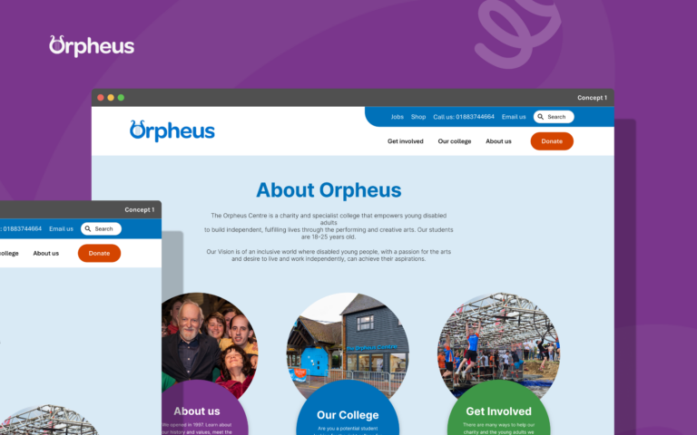 A website redesign concept for Orpheus Centre, a UK charity and specialist college for disabled young adults, featuring blue and purple branding with navigation, About page content, and circular image sections for About Us, Our College, and Get Involved.
