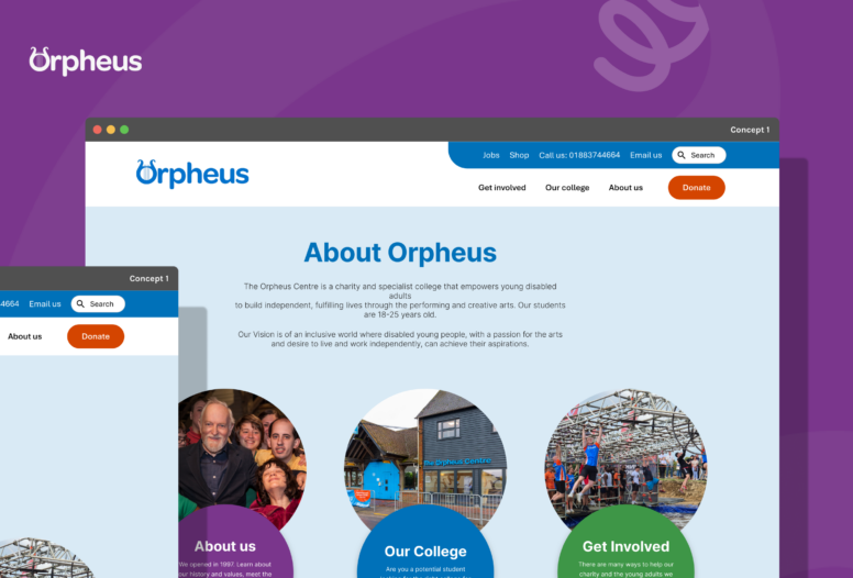 A website redesign concept for Orpheus Centre, a UK charity and specialist college for disabled young adults, featuring blue and purple branding with navigation, About page content, and circular image sections for About Us, Our College, and Get Involved.