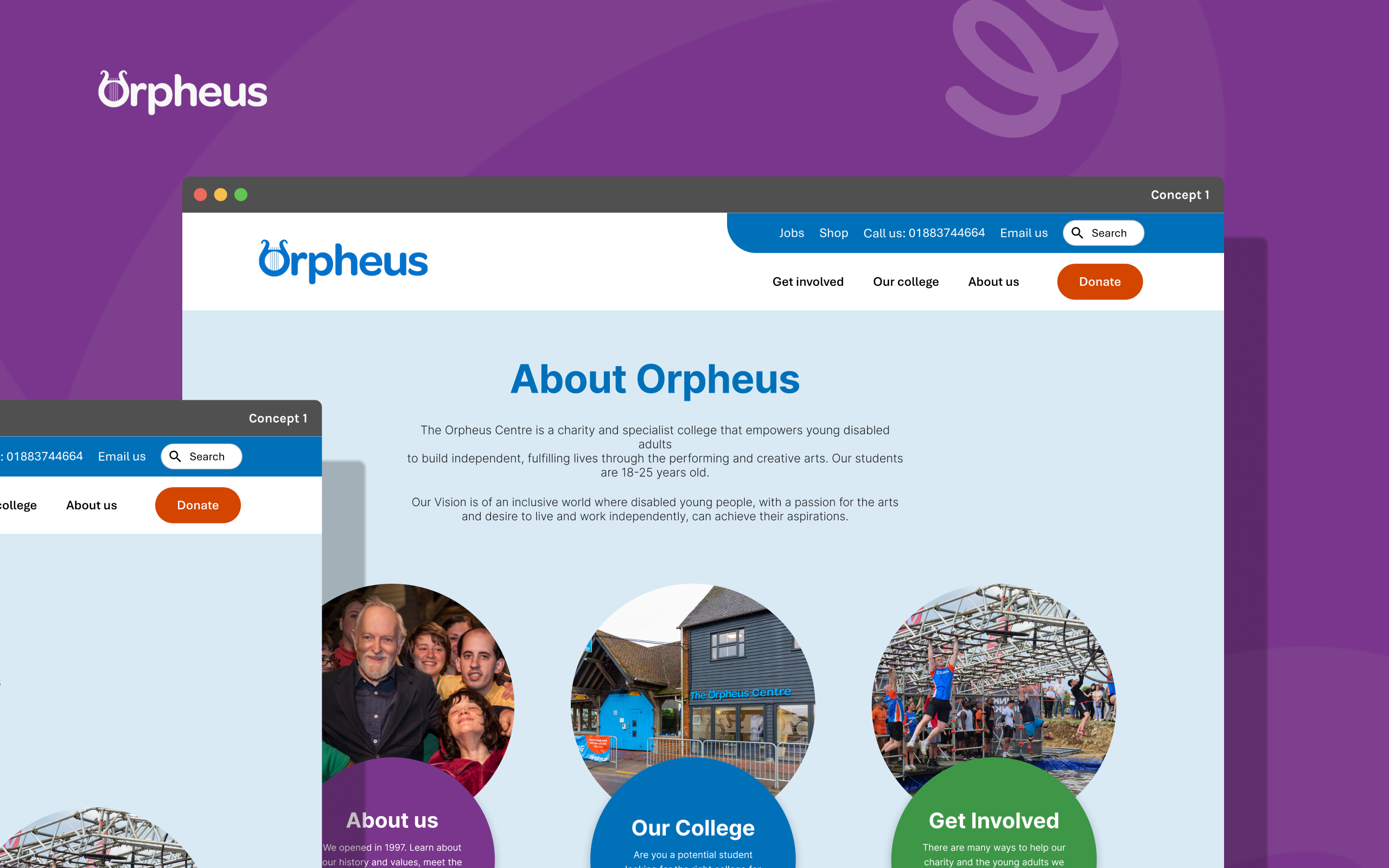 A website redesign concept for Orpheus Centre, a UK charity and specialist college for disabled young adults, featuring blue and purple branding with navigation, About page content, and circular image sections for About Us, Our College, and Get Involved.