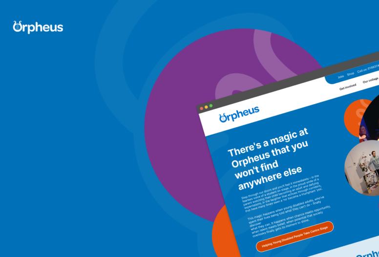 A website design mockup for Orpheus, a charity supporting young disabled adults, displayed on a browser window with blue, purple, and orange branding elements.