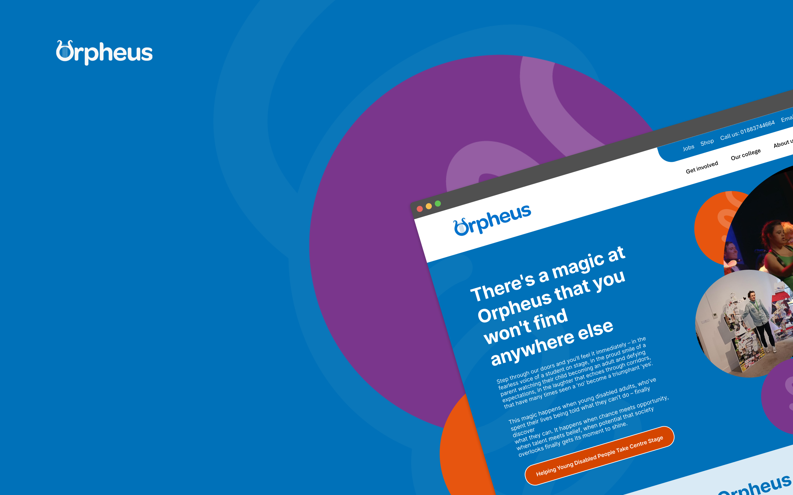 A website design mockup for Orpheus, a charity supporting young disabled adults, displayed on a browser window with blue, purple, and orange branding elements.