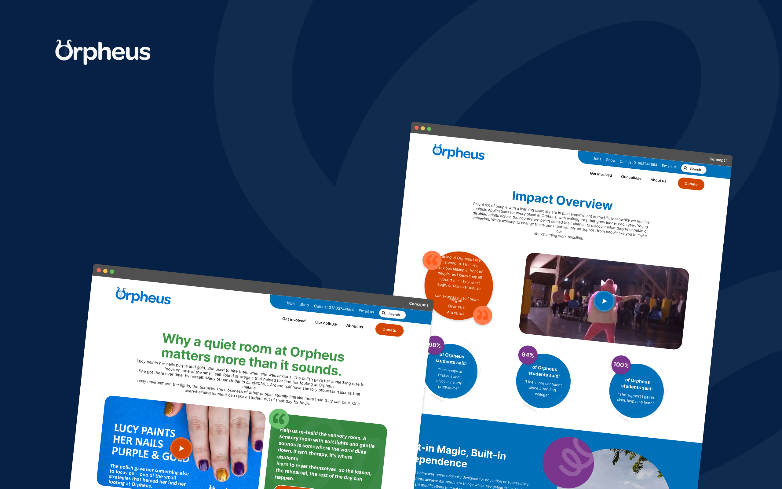 A website redesign concept for Orpheus, a UK charity supporting young disabled adults, featuring an Impact Overview page with student testimonials, statistics, and a blog post about sensory rooms.